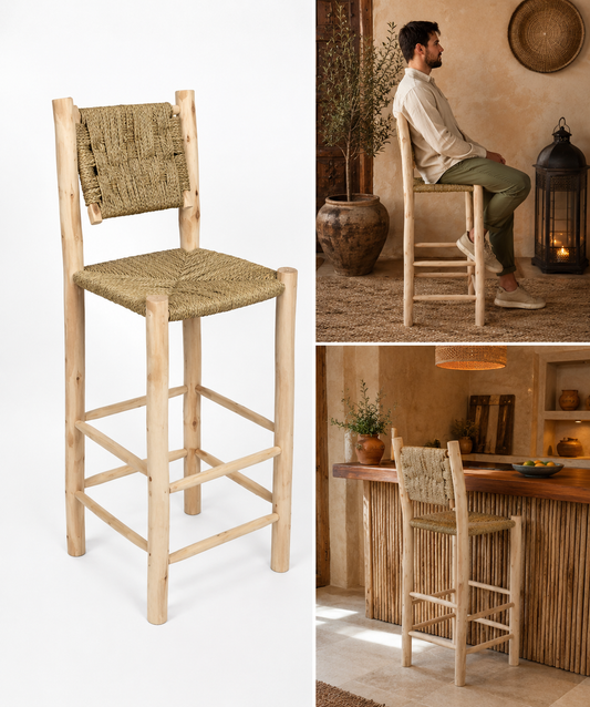Silla alta marroquí artesanal en ambiente rústico con modelo