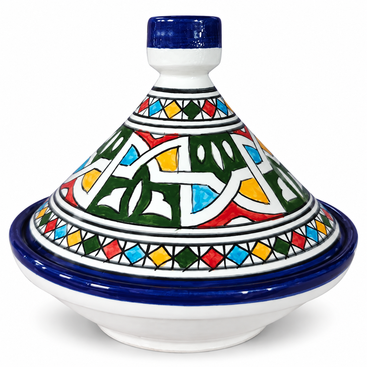 Ejemplo de diseño surtido del tajín de Fez multicolor con motivos verdes y borde azul