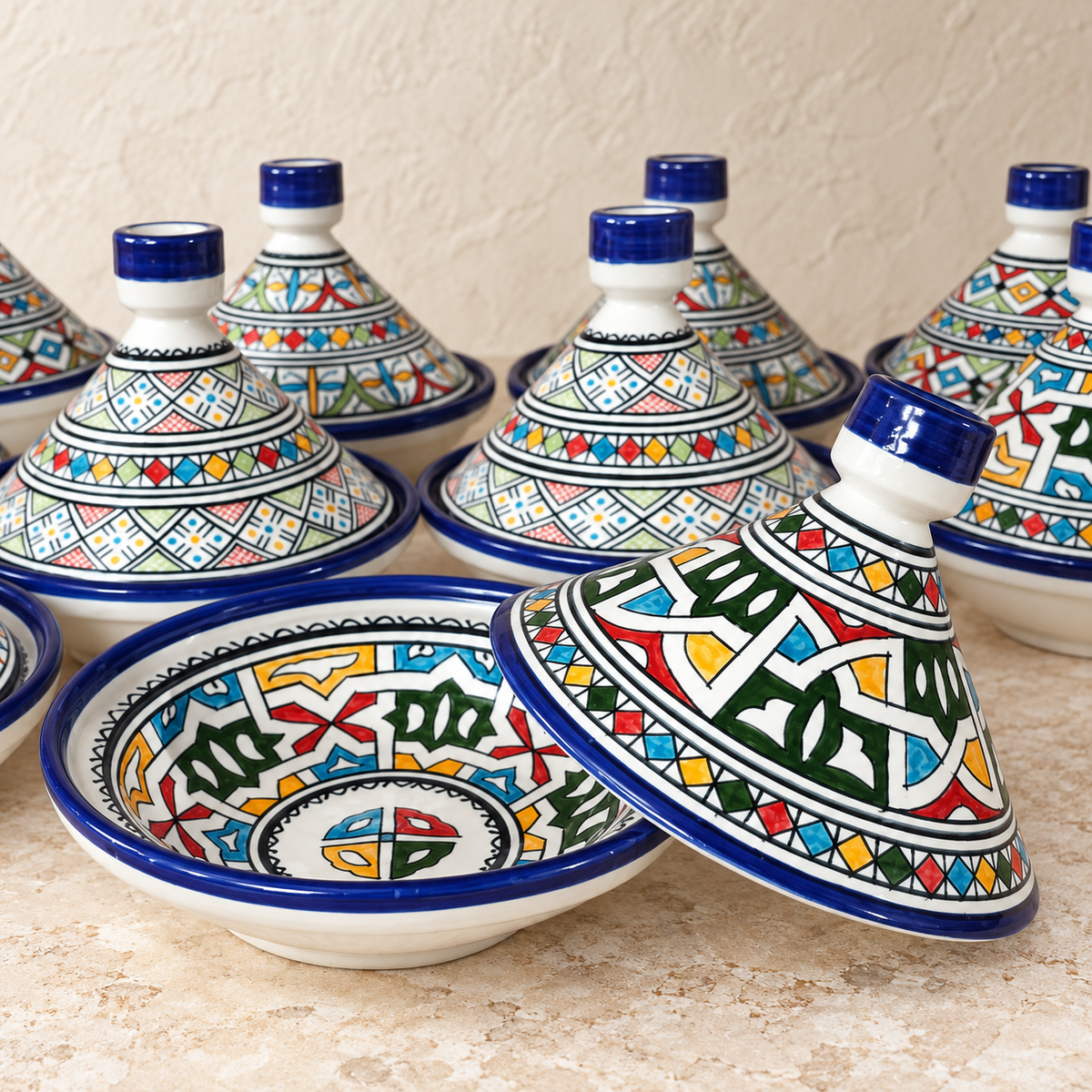 Varios tajines de Fez con diseños artesanales surtidos y uno abierto mostrando el plato pintado; venta por unidad