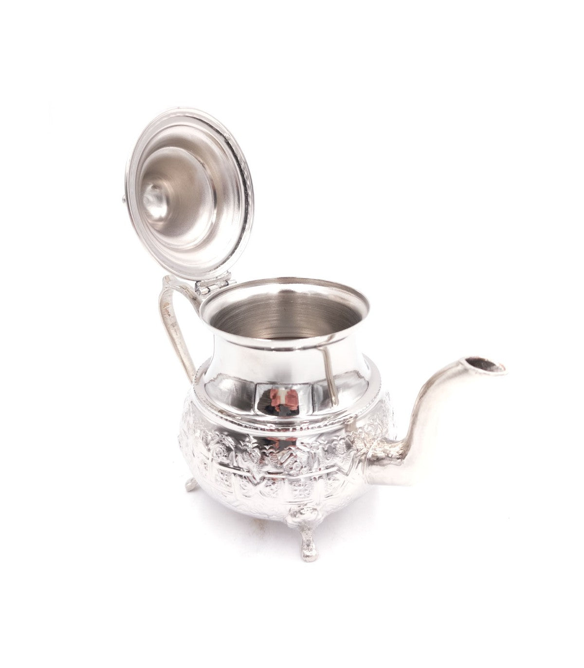 Moruna Embossed Alpaca Teapot With Legs - Moroccan Elegance and Tradition