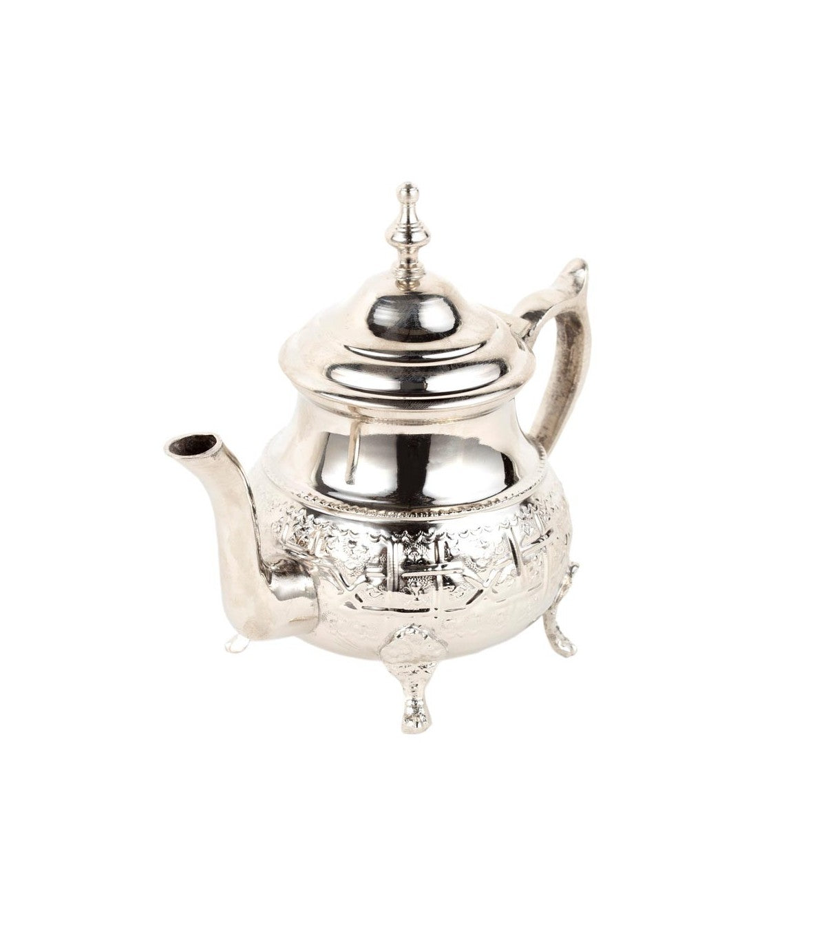 Moruna Embossed Alpaca Teapot With Legs - Moroccan Elegance and Tradition