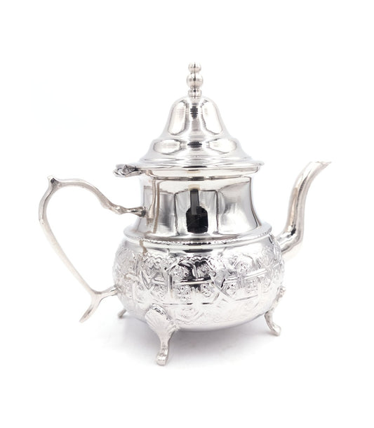 Moruna Embossed Alpaca Teapot With Legs - Moroccan Elegance and Tradition