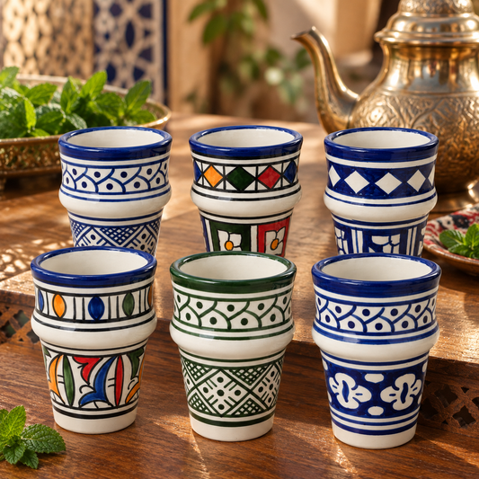 Seis vasos de cerámica Fez artesanales en una mesa de té marroquí
