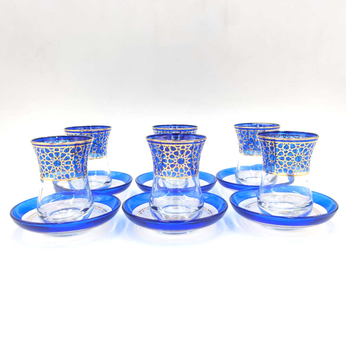 Conjunto de 6 Vasos de Té Turco con Platitos - Estilo Alhambra en Azul y Dorado: Lujo y Tradición Unidos