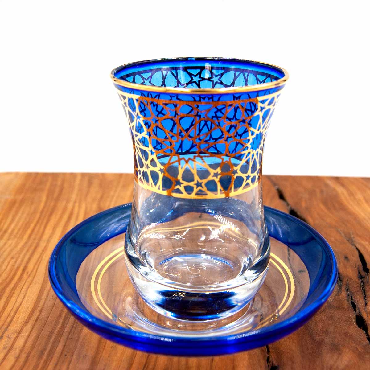 Conjunto de 6 Vasos de Té Turco con Platitos - Estilo Alhambra en Azul y Dorado: Lujo y Tradición Unidos