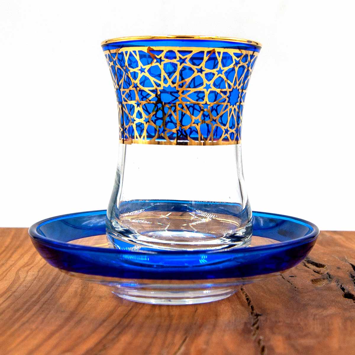 Conjunto de 6 Vasos de Té Turco con Platitos - Estilo Alhambra en Azul y Dorado: Lujo y Tradición Unidos