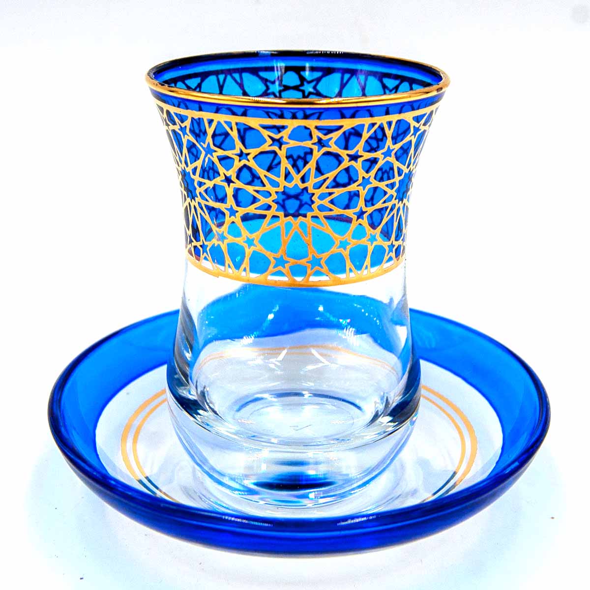 Ensemble de 6 verres à thé turcs avec soucoupes - Style Alhambra en bleu et or : Luxe et Tradition réunis 